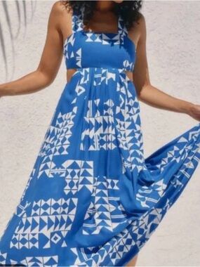 Anthropologie Blue Geometric Print Maxi Dress